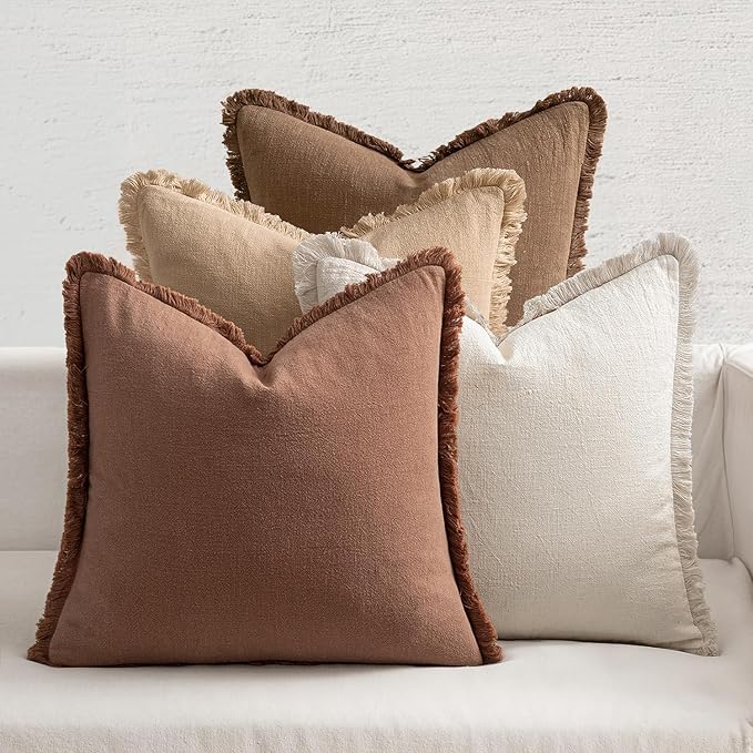 MIULEE Fall Linen Fringe Pillow Covers Set of 4 20x20 Beige/Brown | Boho Farmhouse Decorative Throw Pillow Covers, Neutral Soft Rustic Cushion Cases, for Couch Sofa Bed Living Room Home Decor