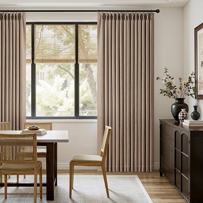 MIULEE Pinch Pleated Thick Linen Curtains 108 Inches Long 2 Panels for Living Room Bedroom, Linen Textured Drapes Back Tab Country Farmhouse Brown Tan Burlap Foor to Ceiling Curtains with Hooks&Rings