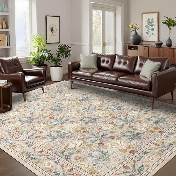 GarveeHome Large Area Rugs 9x12 for Living Room, Beige Floral Washable Rug Soft Non Slip Floor Mat Carpet Indoor Thin Accent Rug for Bedroom Dining Room Playroom Nursery Home Decor