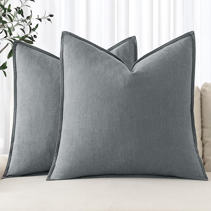 MIULEE Decorative Linen Pillow Covers 18x18 Inch Gray | Boho Farmhouse Neutral Couch Throw Pillows for Bed, Pack of 2 Accent Modern Pillowcases, Sofa Livingroom Home Decor