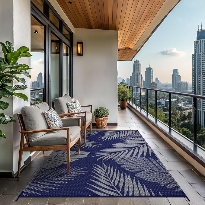 GENIMO Outdoor Rug, Waterproof Plastic Rugs for Patio, 8'x10' Blue Grey | Outside Larger Leaf Carpet Mat for Porch Decor, Deck, Balcony, Camping, RV, Backyard, Picnic, Beach, Reversible, Foldable
