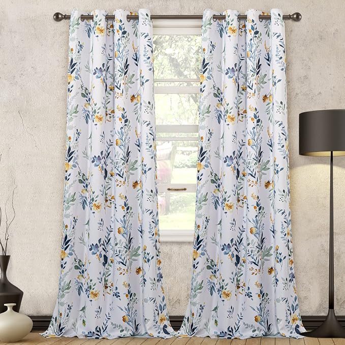 MYSKY HOME Floral Blackout Curtains 95 inches Long Set of 2 Panels Printed Flower Leaves Grommet Thermal Insulated Room Darkening Curtains for Living Room, Bedroom, Yellow and Blue