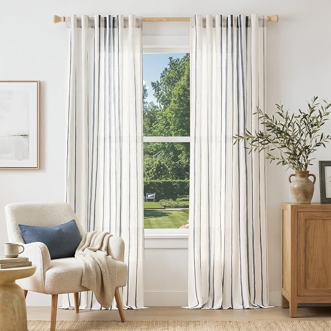 Vangao Striped Curtains Blue on White Semi Sheer Curtains 96 Inches Long for Living Room Bedroom Modern Farmhouse Linen Textured Light Filtering Drapes 2 Panels Blue W50 x L96 Inch
