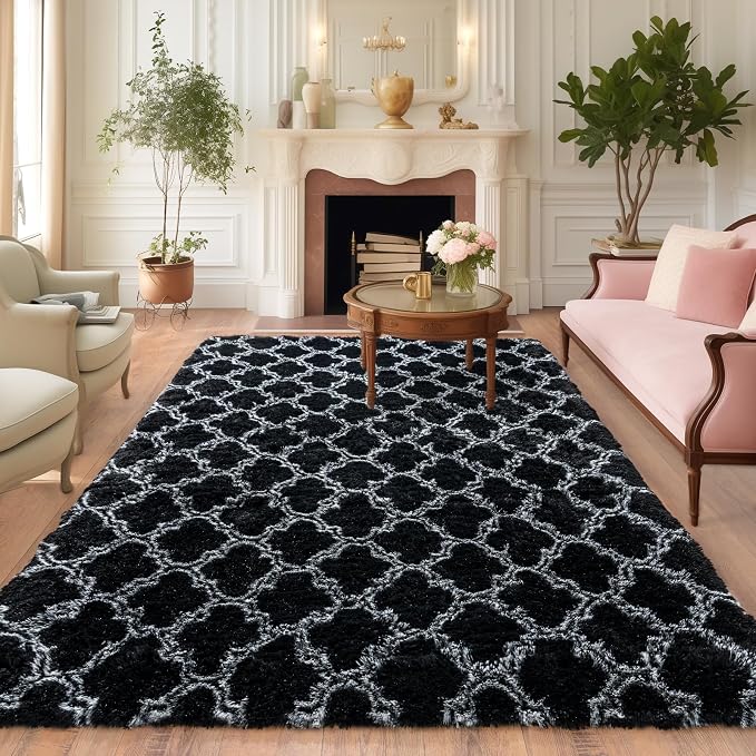 5x7 Area Rugs for Bedroom Living Room, Soft Modern Black and White Rugs | Soft Fluffy Plush Geometric Rug Upgrade Non-Slip Shaggy Fuzzy Carpet for Playroom Teen Dorm Home Office Decor