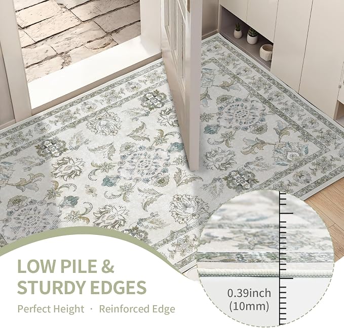 Round 6Ft Washable Area Rug,Vintage Floral Low Pile Non Slip Carpet Non-Shedding Rug Soft Stain Resistant Mat for Living Room Bedroom Beige and Sage Green