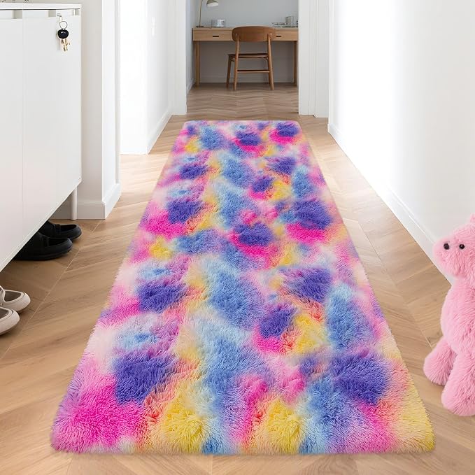 3x10 Hot Pink Runner Rainbow Rug for Girls Bedroom Bedside, Soft Fluffy Plush Runner Carpet Shag Kids Area Rug for Little Girls Room, Cute Colorful Princess Rug for Living Room Nursery Hallway