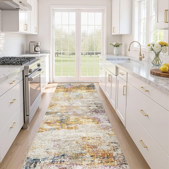 Runner Rug Kitchen Washable Rugs: 3x10 Non-Slip Abstract Soft Modern Stain Resistant Indoor Floor Neutral Accent Throw Carpet for Hallway Bathroom Laundry Room Entryway Bedroom- Gold Colorful