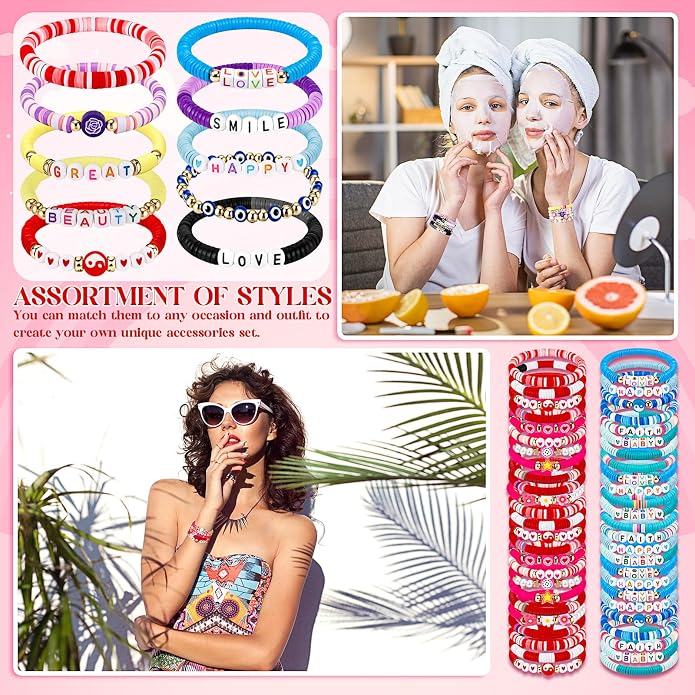 Equsion 100 Pcs Preppy Friendship Bracelets for Women Heishi Surfer Clay Stackable Bead Easter Boho Y2k Bracelets Gifts