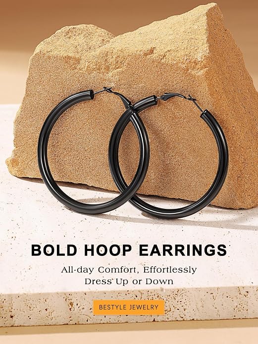 Bestyle 5mm Thick Gold Hoop Earrings Hypoallergenic Hoops for Sensitive Ears Trendy Lightweight Chunky Earrings for Women 30/40/60/80mm