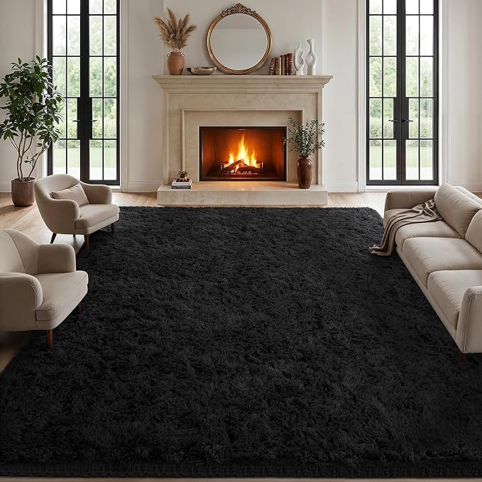 8x10 Area Rugs for Living Room Bedroom: Soft Fluffy Shag Rugs Upgrade Non-Slip High Pile Carpet Large Fuzzy Plush Indoor Floor Shaggy Carpets for Nursery Kid Playroom Office Dorms Home Decor Black