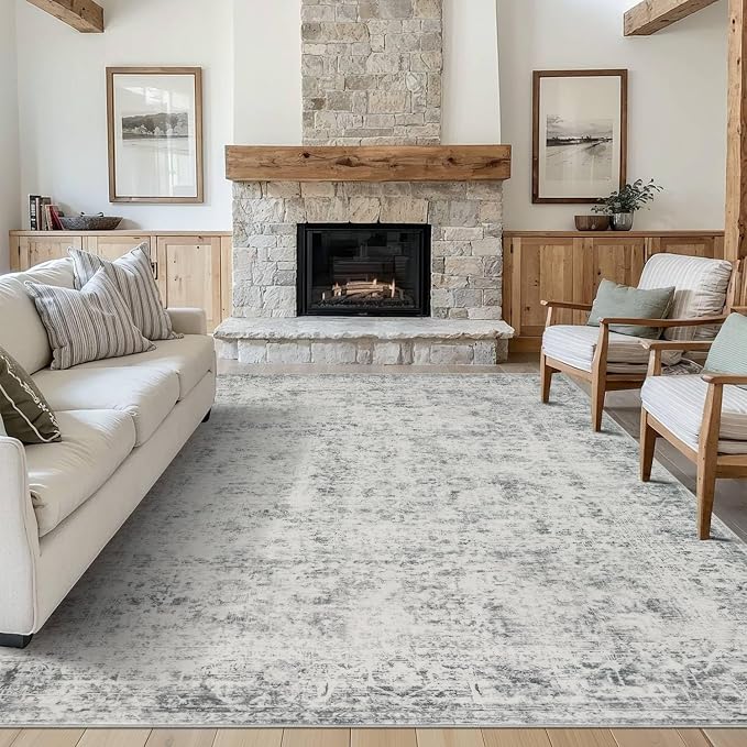 Rugxara Grey Area Rugs 5x7 Washable Rug for Living Room Bedroom | Non Slip, Rug for Dining Room Office Farmhouse Dorm, Stain Resistant, Soft, Vintage Boho Retro Carpet, Low Pile, Home Decor
