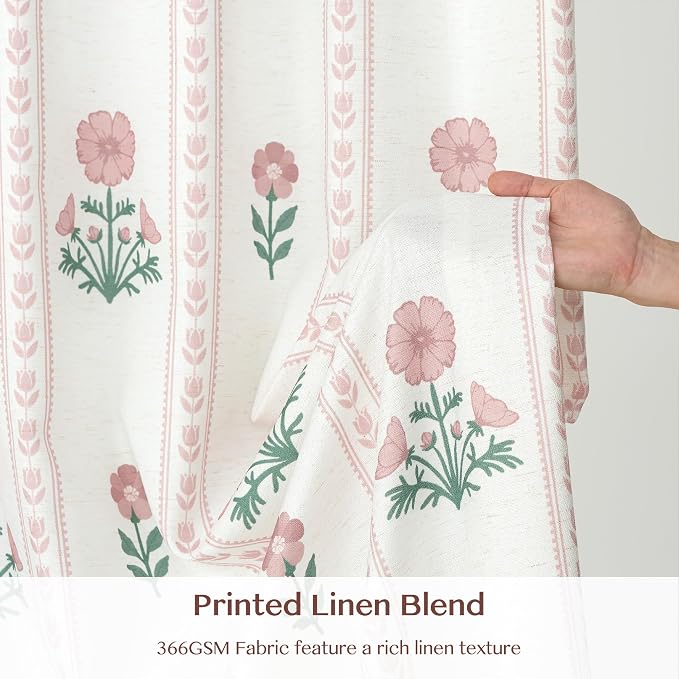 THREE GIRLS Pinch Pleated Light Filtering Linen Blend Floral Block Print Curtains for Girls Room, Nursery, Living Room, Modern Farmhouse, Memory Trained, Hooks, 2 Panels Set, 40"x108", Pink