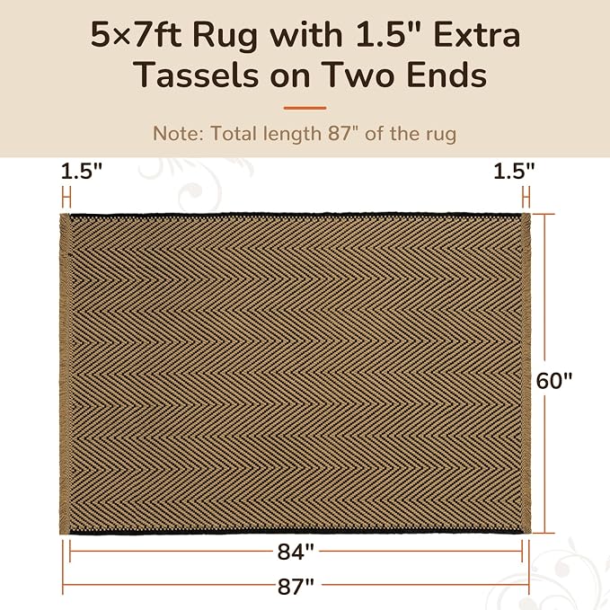 5x7 Washable Boho Area Rug with Tassels for Living Room Beige Black | Vacuum Friendly, Machine Washable, Non-Slip Rug, Modern Farmhouse Neutral Decor Carpet, Bedroom Dining Room Office Kitchen