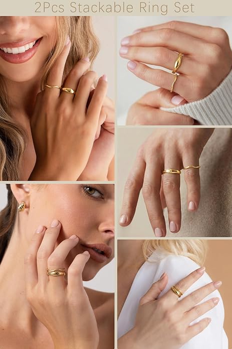 Gold Rings for Women Men Non Tarnish, Waterproof Chunky 14K Gold Plated Dainty Stackable Rings Trendy Statement Pinky Thumb Rings Engagement Eternity Wedding Band Ring Stacking Gold Jewelry Size 3 4 5 6 7 8 9 10 11