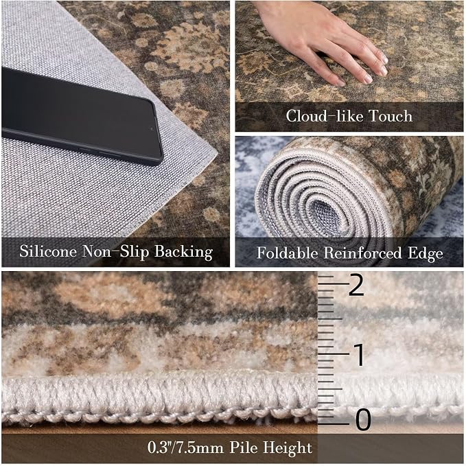 Boho Washable 9x12 Area Rugs for Living Room, Cushioned, Deep Brown | Vintage Non-slip Neutral Oriental Rugs for Bedroom Dining Room Nursery Office High Traffic Area