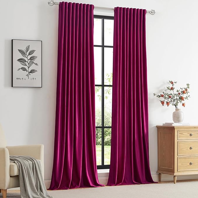 100% Full Blackout Hot Pink Velvet Curtains 84 inch Long for Living Room,Set of 2 Liner Rod Pocket Back Tab Thermal Window Curtains Room Darkening Heavy Decorative Curtains Drapes for Bedroom