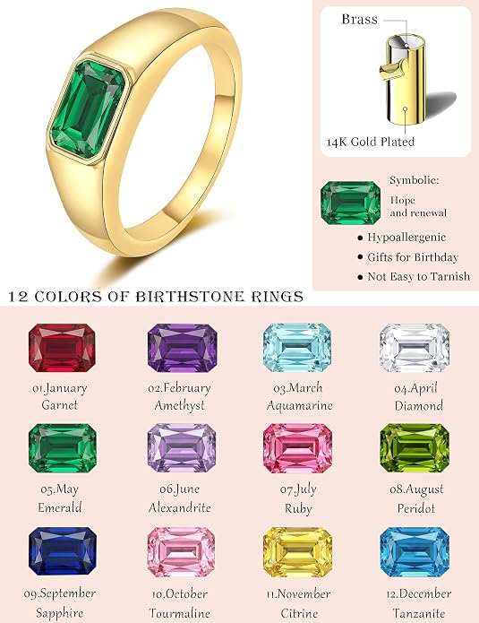 Birthstone Gold Rings for Women Non Tarnish 14K Gold Plated Chunky Emerald Rings Thumb Signet Statement Dainty CZ Band Ring Unique Waterproof Cute Jewelry Gift for Birthday Size 6-10