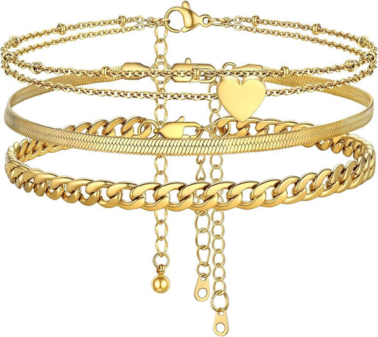 FOCALOOK Anklet Bracelets Set for Women, 14K Gold Plated Waterproof Cuban Link Chain Layered Anklets Set for Plus Size Ankle 8-10.5 Inch Adjustable Summer Beach Jewelry Gift