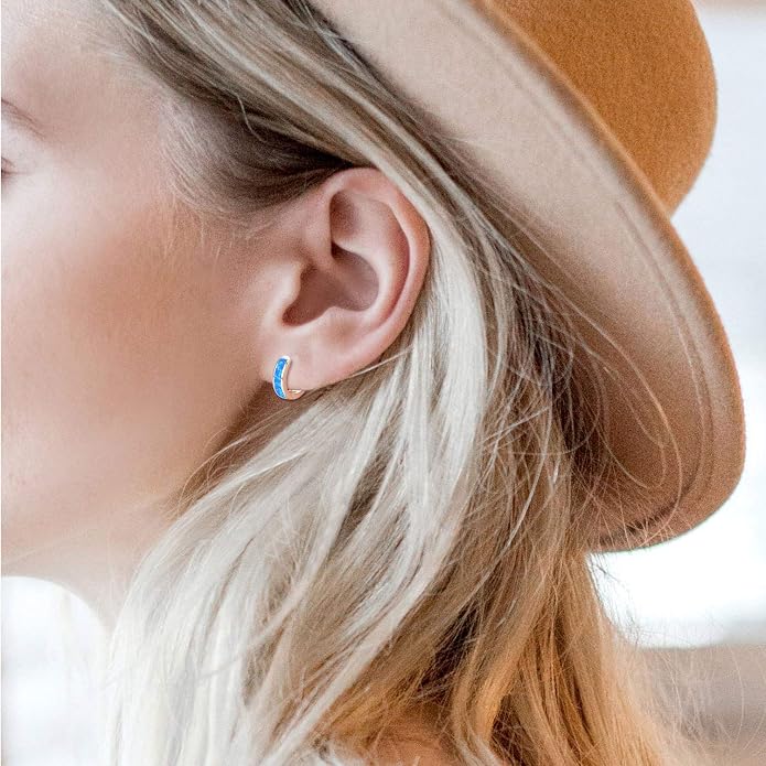 CUOKA MIRACLE 925 Sterling Silver Opal Hoop Earrings for Women - Opal Hinged Huggie Hoops, Hypoallergenic Small Hoop Earrings for Sensitive Ears, Dainty Everyday Jewelry Birthday Christmas Gift