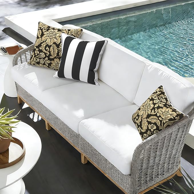 Outdoor Throw Pillow Covers Pack of 2, Decorative Water Repellent Square Pillow Cases with Piping 18x18 Inch, Jacobean Black