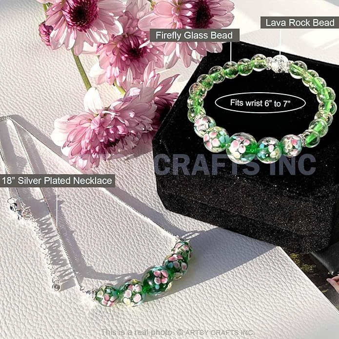 ARTSY Crafts Lily Garden Glow in the Dark Firefly Bead Bracelets Necklaces, Handmade in USA Murano Glass Jewelry, Flower Luminous Beads Mermaid Crystal Bracelet Bangle