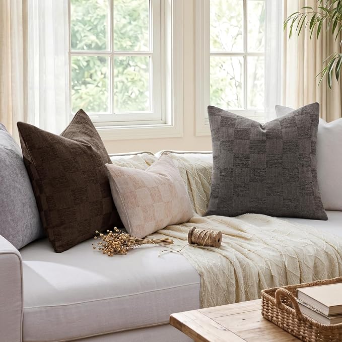 a moment Set of 2 Decorative Linen Throw Pillow Covers,Large Grid Textured Neutral Boho Farmhouse Cushion Covers,Soft Aesthetic Pillowcases for Couch Sofa Living Room Home Decor,24x24 Inch,Dark Gray
