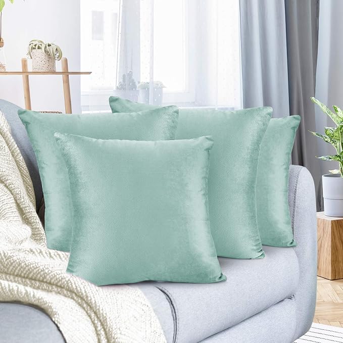 Nestl Throw Pillow Covers, Cozy Velvet Decorative Outdoor Pillow Covers 16x16 Inches, Soft Solid Cushion Covers for Sofa, Bed and Car, Set of 4 - Aqua Light Blue