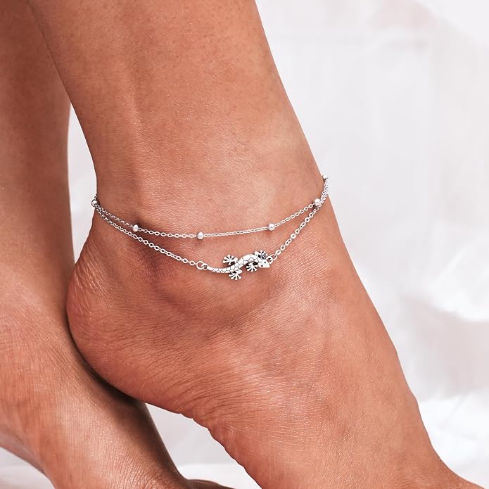 CHIC & ARTSY 925 Sterling Silver Ankle Bracelets for Women, Adjustable Layered Foot Chains with Nature & Symbol Charms, Lightweight Comfort Fit Boho Beach Everyday Jewelry
