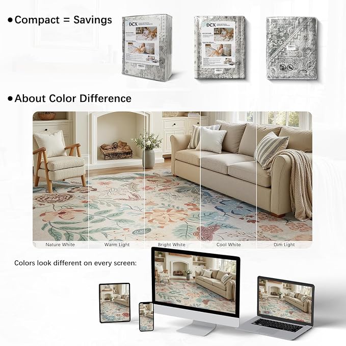 DCX Beige Floral Rug 2x6, Washable Beige Rug for Living Room, Kid & Pet Friendly with Rubber Back Non Slip, Soft Low Pile Carpet, Stain Resistant Rug for Bedroom, Nursery, Dining Room
