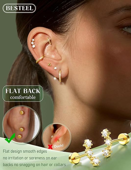 Hypoallergenic Flat Back Earrings 14K Gold Plated Cartilage Earring Stacks for Sensitive Ears Surgical Steel Small Huggie Hoops Flatback Stud Earrings Set for Multiple Piercing Jewelry Gift for Women