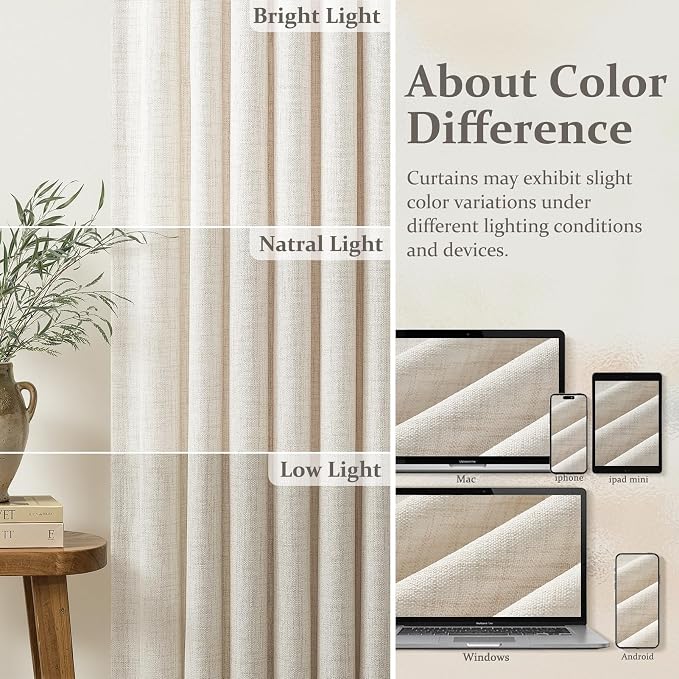 Pinch Pleated 132 Inch Extra Long Curtains for Living Room 2 Panels Set, Cream Beige Memory Shape Pleat Thick Linen Semi Sheer Windows Drapes Light Filtering Privacy 11 FT Length Luxury Tall Curtain
