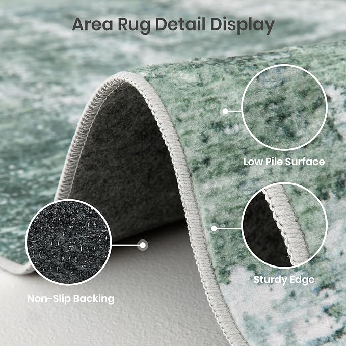 Valenrug Washable Rugs 5x7 - Stain Resistant 5x7 Area Rugs for Living Room, Non Slip Backing Abstract Rugs for Bedroom, Folable Machine Washable Area Rug(5'x7', Sage Green)