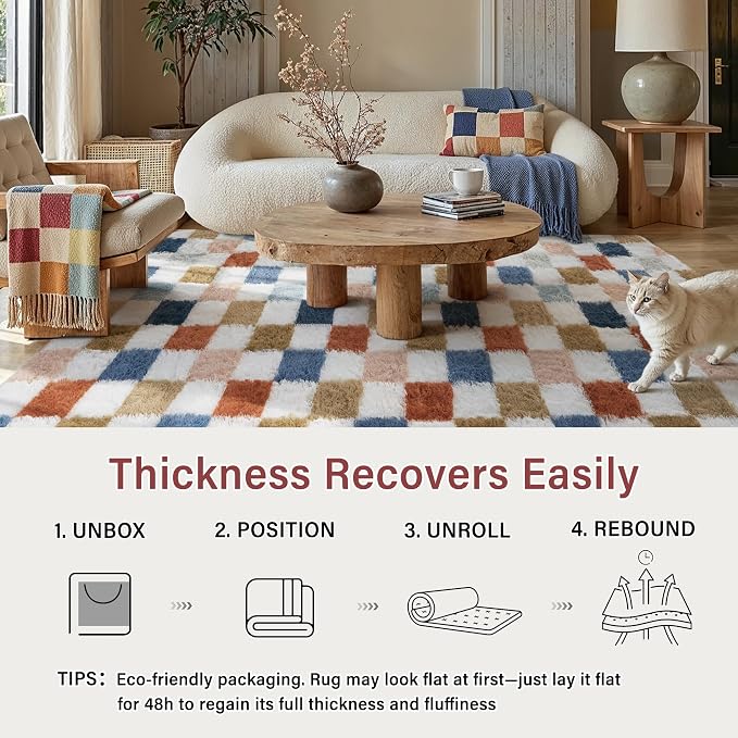 PureCozy Checkered Area Rug 2x6 for Bedroom, Modern Rainbow Shag Rug Super Soft Runner Carpet Washable Fluffy Rugs for Living Room Bedside Sofa Home Dorm Decor Aesthetic