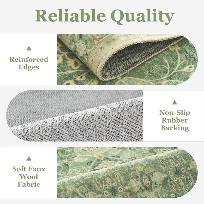 Sage Green Rugs 8x10, Washable Non Slip Area Rug for Living Room Bedroom Dining Room, Boho Floral Moroccan Pattern Printed Carpet Rug Low Pile Thin for Nursery Playroom Kids Room