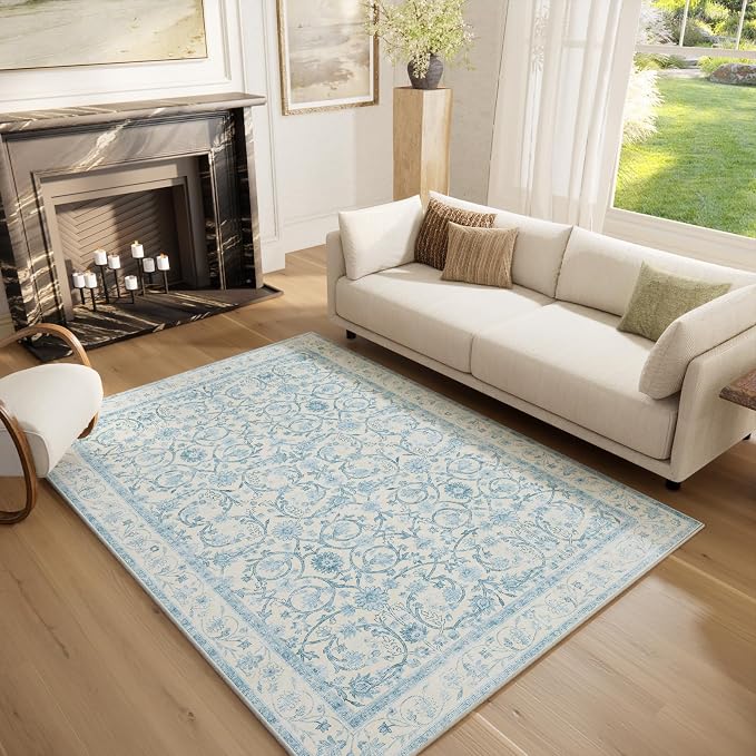 Washable Rugs for Living Room: 5x7 Area Rugs for Bedroom Ultra Soft Non-Slip Low Pile Vintage Boho Large Carpet for High-Traffic Dining Room - Farmhouse Decor
