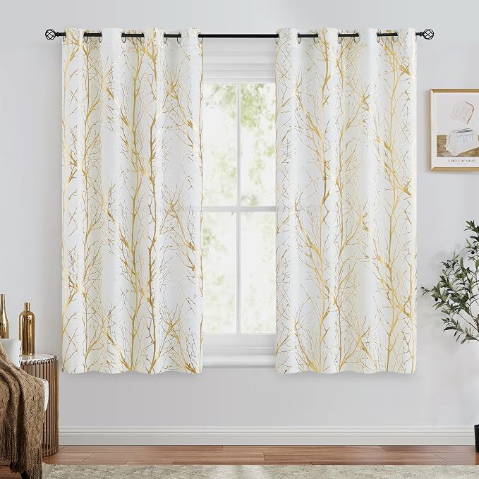 FMFUNCTEX Linen Gold White Semi Sheer Print Curtains 54 Inch Long 2 Panels | Metallic Branch Sheer Patterned Drapes, Light Filtering Grommet Panels for Modern Farmhouse Bedroom and Living Room Style