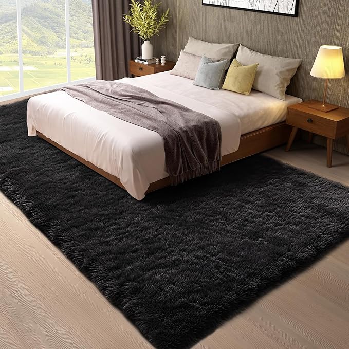 Ophanie 8x10 Black Area Rugs for Living Room,Large Shag Bedroom Carpet,Big Indoor Thick Soft Shaggy Nursery Rug,Fluffy Carpets for Boy and Girls Room Dorm Decor Aesthetic with Over 99 pcs Pile fibers