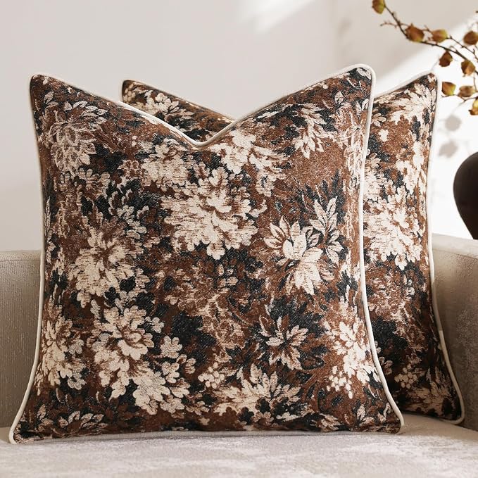 DEZENE Pack of 2 Vintage Floral Euro Sham Covers 26x26 Boho Farmhouse Accents Chenille Square Decorative Throw Pillow Cases for Living Room Couch Bed Home Decor, Dark Brown