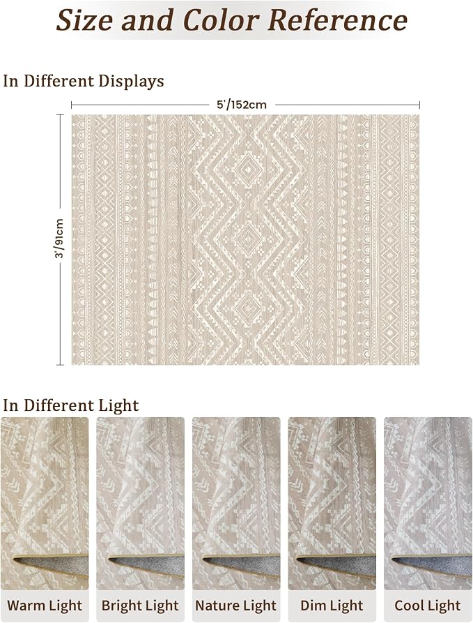 3x5 Washable Rug Moroccan Small Entryway Rug Non Slip Indoor Floor Carpet Foldable Thin Rugs for Kitchen Bedroom with Low Pile(Brown,3'x5')