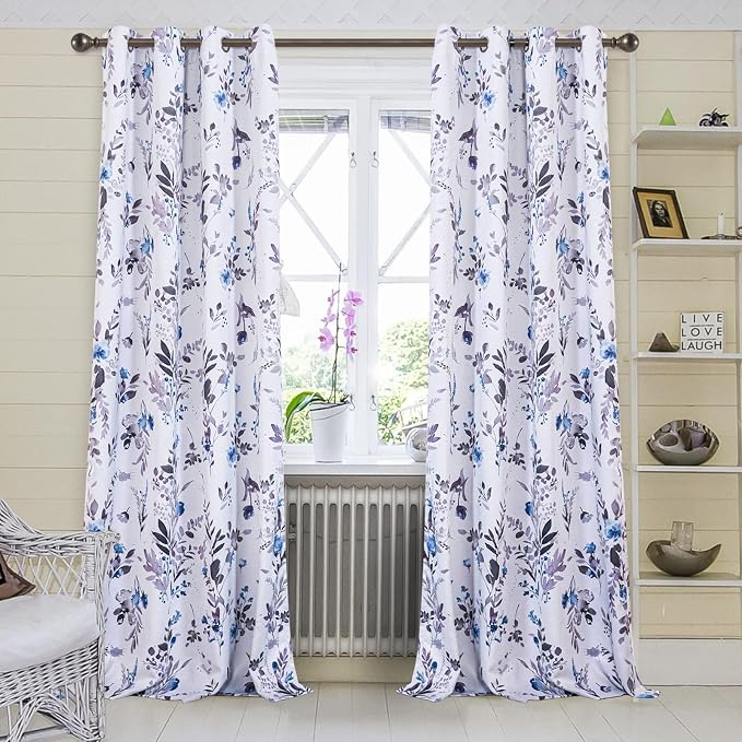 MYSKY HOME Floral Blackout Curtains 90 inch Long 2 Panels Set Thermal Insulated Room Darkening Drapes Grommet Top for Living/Dining Room, Grey and Blue, 52" W Each Panel