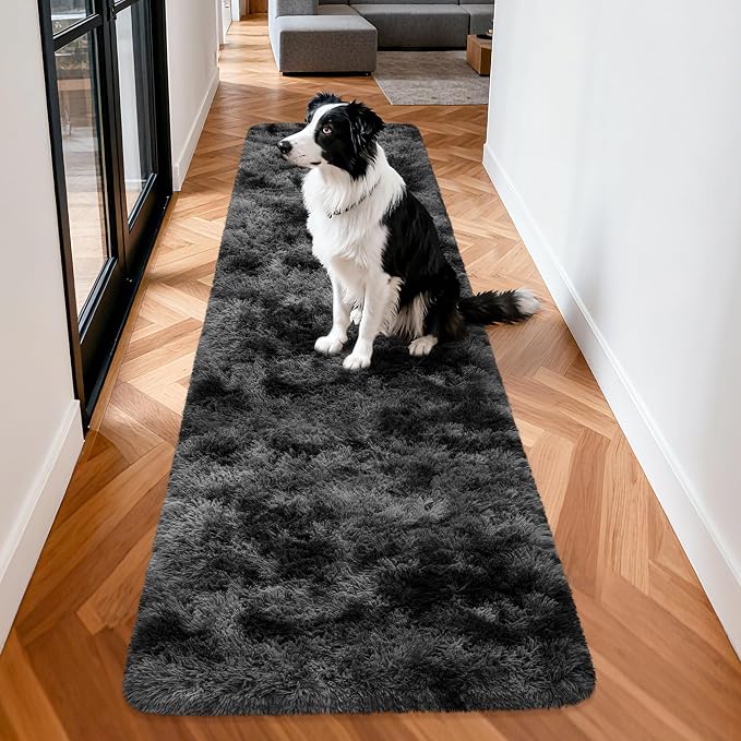 2x8 ft Plush High Pile Black Tie-Dyed Rug Fluffy Soft Runner Bedside Rug for Bedroom Living Room Hallway Nursery Kids Home Decor Shag Carpet