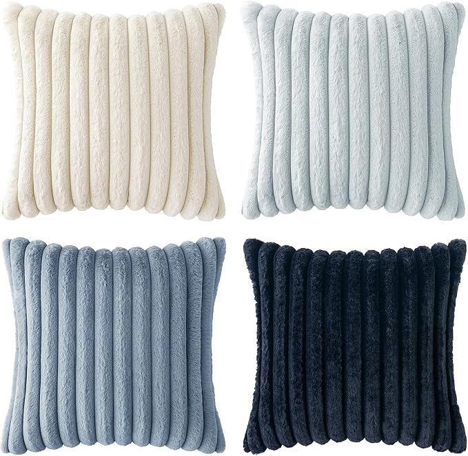 MIULEE Faux Fur Plush Decorative Throw Pillow Covers 20x20 Set of 4, Spring Modern Soft Fuzzy Coastal Striped Cushion Covers for Sofa Couch Bed Living Room Cozy Home Decor,Navy Blue