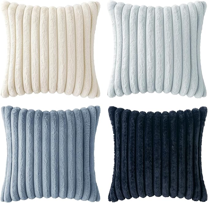 MIULEE Faux Fur Plush Decorative Throw Pillow Covers 18x18 Set of 4, Summer Modern Soft Fuzzy Coastal Striped Cushion Covers for Sofa Couch Bed Living Room Cozy Home Decor,Navy Blue
