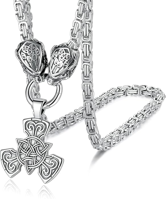 ROWIN&CO Viking Necklace for Men, Stainless Steel Nordic Runes Wolf Head Spearhead & Trinity Knot Pendant with Byzantine Chain Amulet, Norse Mythology Pagan Gothic Biker Jewelry Gift