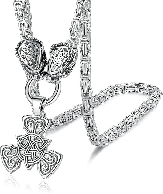 ROWIN&CO Viking Necklace for Men, Stainless Steel Nordic Runes Wolf Head Spearhead & Trinity Knot Pendant with Byzantine Chain Amulet, Norse Mythology Pagan Gothic Biker Jewelry Gift