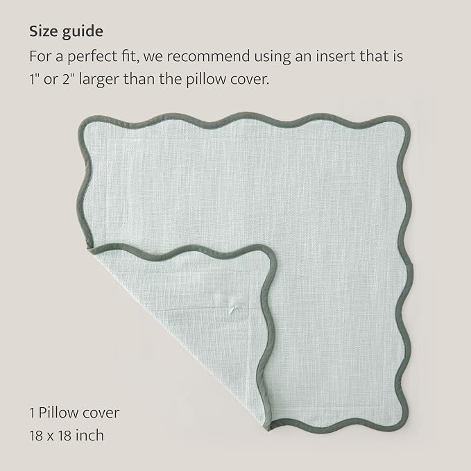 Double Stitch Scalloped Throw Pillow Covers - 100% Cotton Decorative Boho Pillow Covers 18 x 18, Made in India, Square Cushion Case, Grandmillennial Decor for Couch Sofa Living Room, Aqua Mint