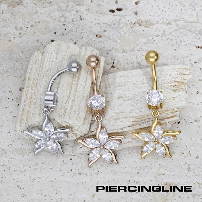 PIERCINGLINE Belly Button Piercing CRYSTAL FLOWER PENDANT surgical steel, safe