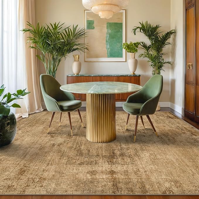 Gold Brown Area Rug for Living Room – Washable 7x9 Rustic Farmhouse Carpet for Dining Room, Bedroom Under Bed, Non-Slip with Rubber Backing & Stain Resistant