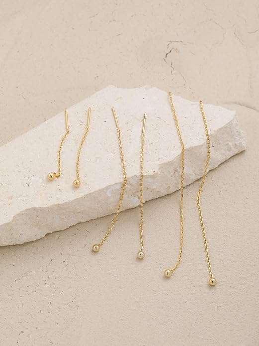 S.Leaf Threader Earrings for Women 925 Sterling Silver Gold Plated Hypoallergenic Backless Ardant Chain Duster Tassel Drop Double Piercing Pull Through Earrings for Women Trendy