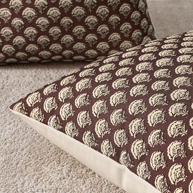 MIULEE Set of 2 Decorative Floral Pillow Covers Neutral Vintage Throw Pillows Block Print Boho Farmhouse Cushion Covers for Modern Spring Home Decor Couch Sofa Living Room, 20x20 Inch, Withered Rose